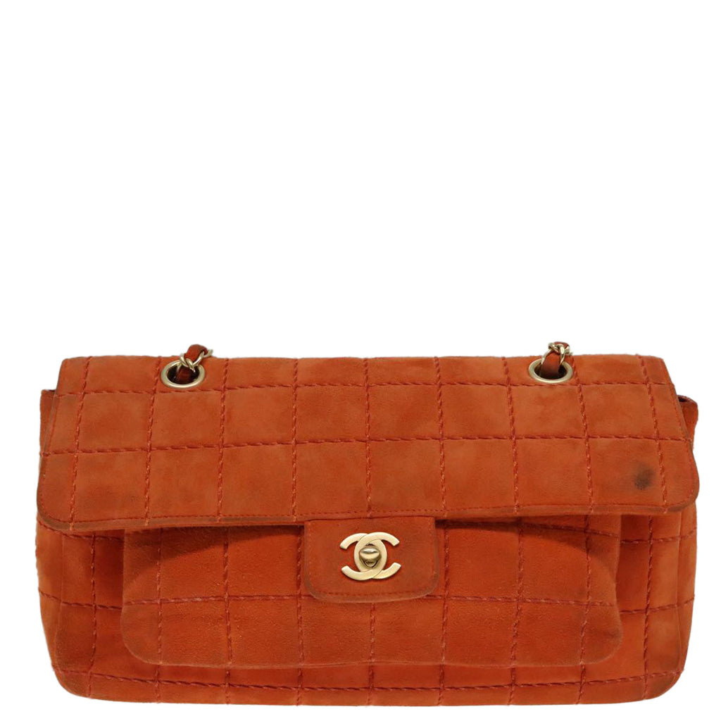 CHANEL Choco Bar Chain Shoulder Bag Suede Gold Orange CC bs18325