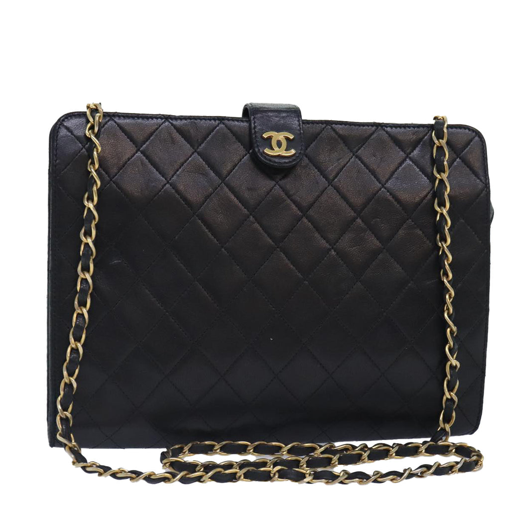 CHANEL Matelasse Chain Shoulder Bag Lamb Skin Black Gold CC bs18351