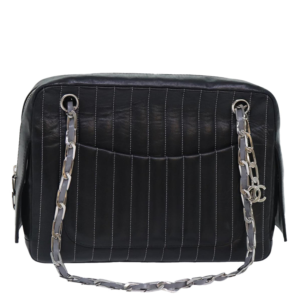 CHANEL Chain Shoulder Bag Leather Silver Black CC bs18415