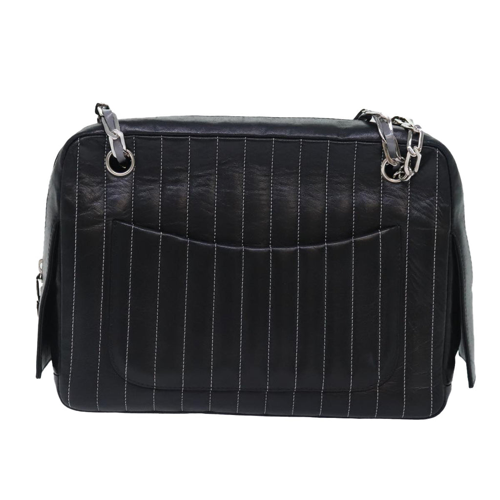 CHANEL Chain Shoulder Bag Leather Silver Black CC bs18415