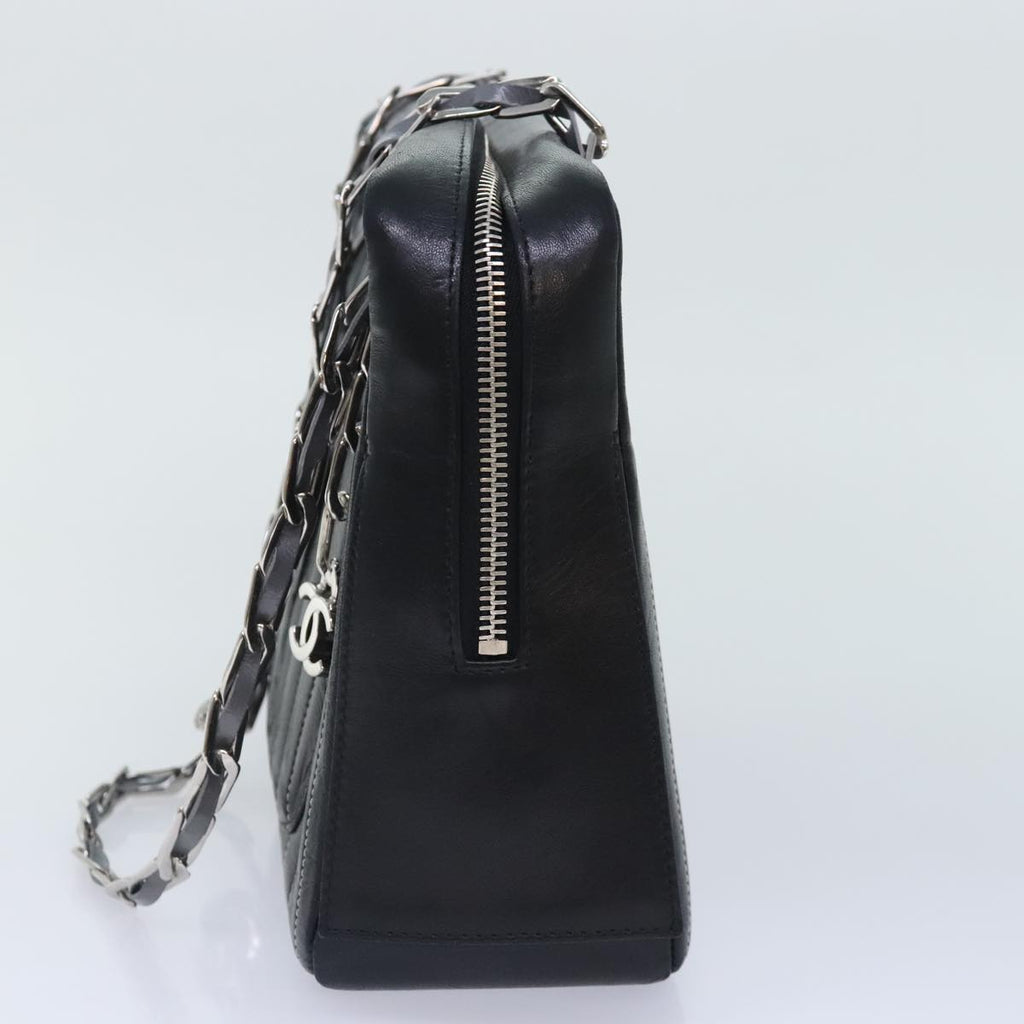 CHANEL Chain Shoulder Bag Leather Silver Black CC bs18415