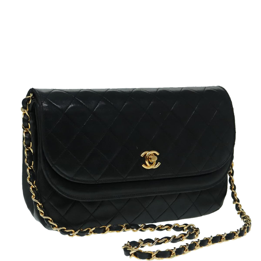 CHANEL Matelasse Chain Shoulder Bag Lamb Skin Gold Black CC bs18449