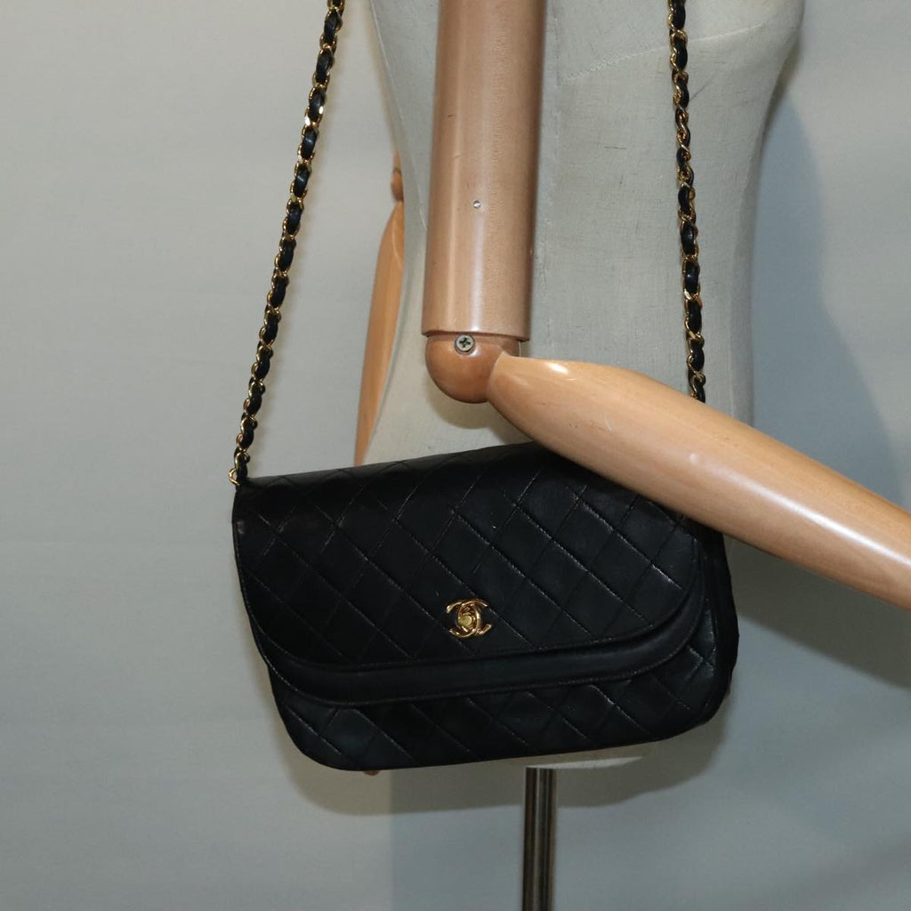 CHANEL Matelasse Chain Shoulder Bag Lamb Skin Gold Black CC bs18449