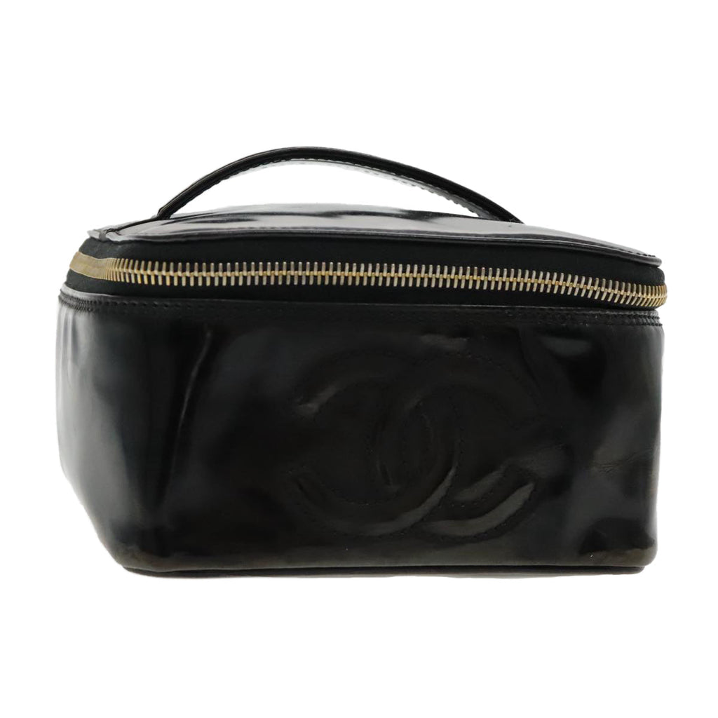 CHANEL Vanity Cosmetic Pouch Patent leather Black Gold CC bs18658
