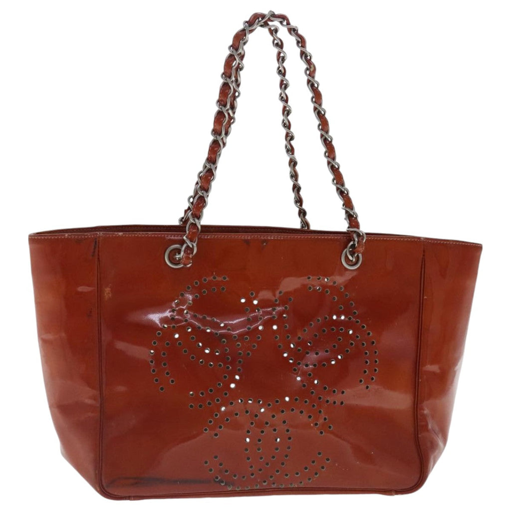 CHANEL Triple Coco Chain Tote Bag Patent leather Orange Silver CC bs18659