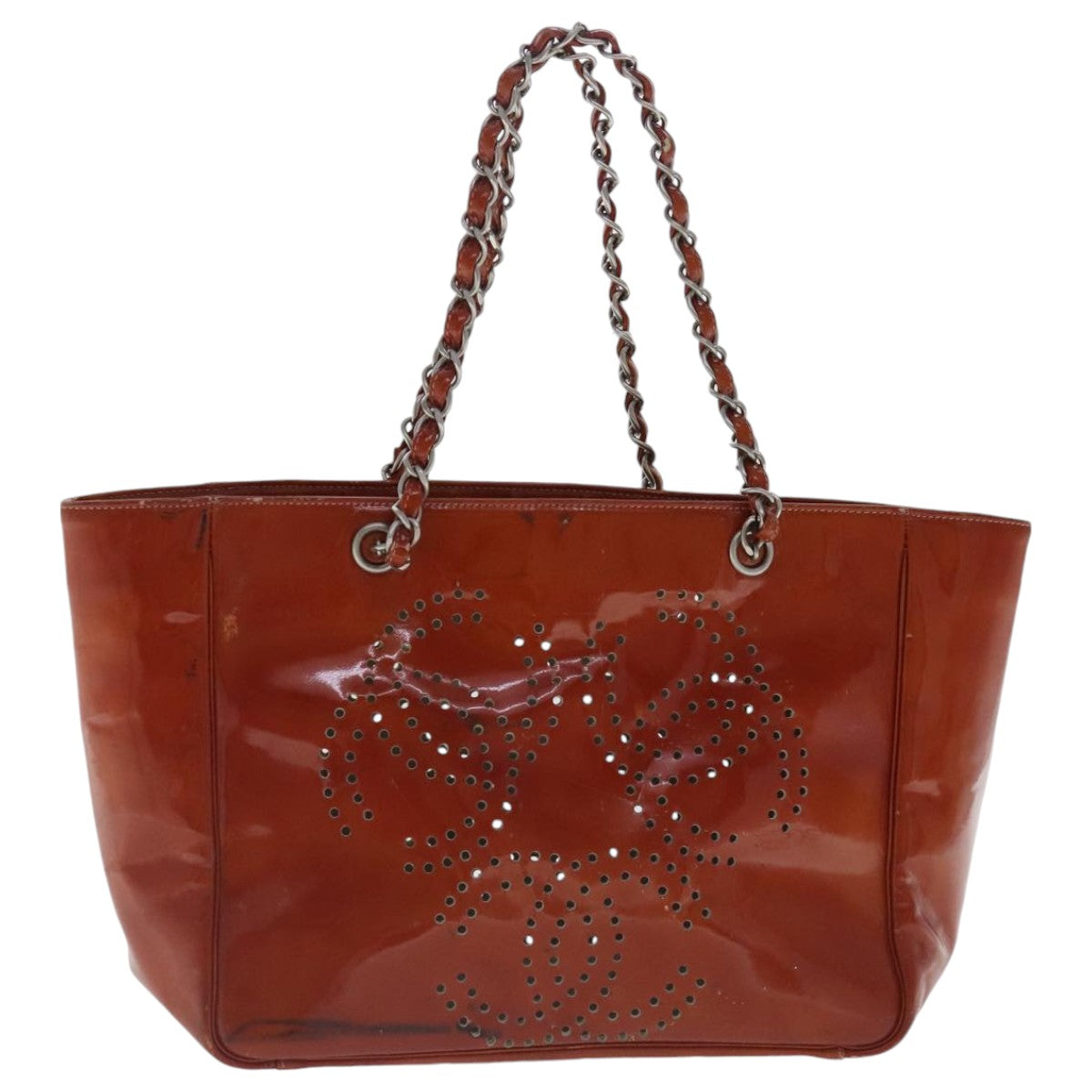 CHANEL Triple Coco Chain Tote Bag Patent leather Orange Silver CC bs18659