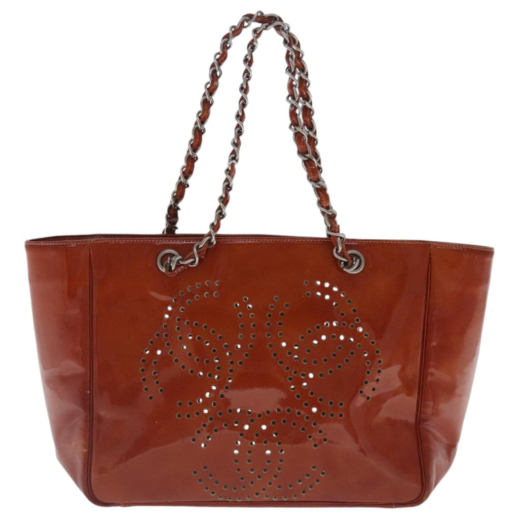 CHANEL Triple Coco Chain Tote Bag Patent leather Orange Silver CC bs18659