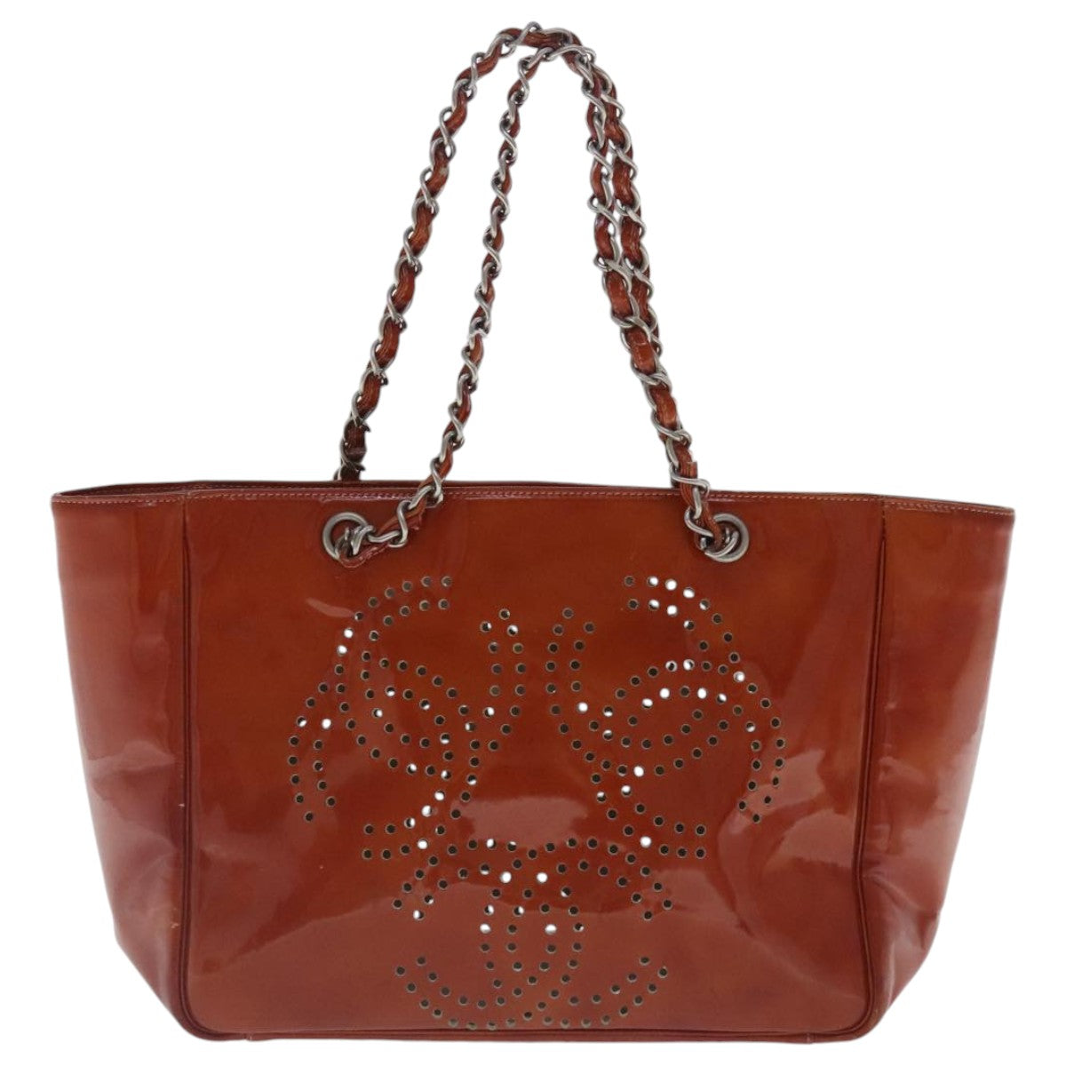 CHANEL Triple Coco Chain Tote Bag Patent leather Orange Silver CC bs18659