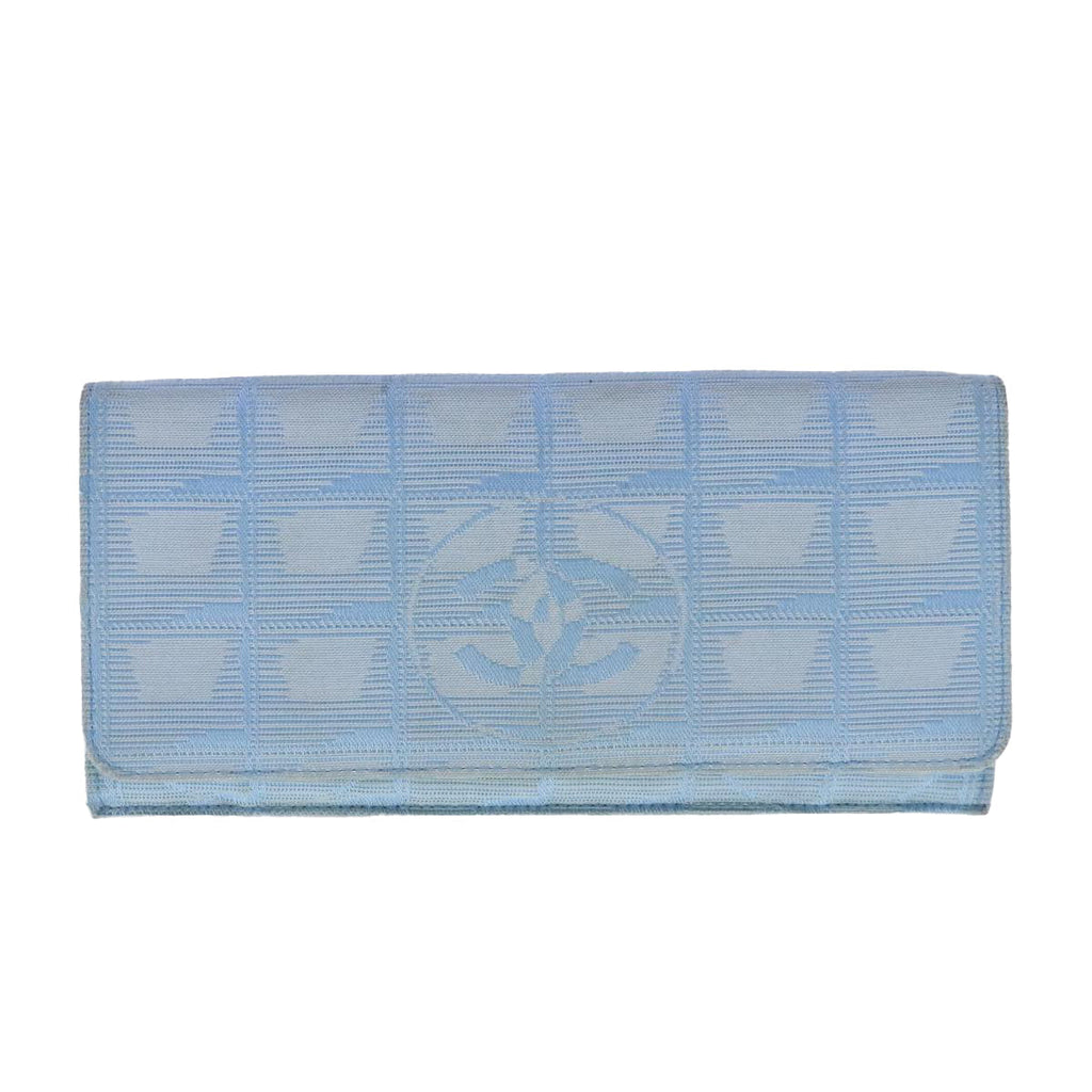 CHANEL New Travel line Long Wallet Nylon Light Blue Silver CC bs18719
