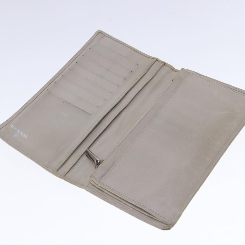 CHANEL Cambon Line Long Wallet Leather Beige Silver CC bs18722