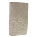 CHANEL Cambon Line Long Wallet Leather Beige Silver CC bs18722