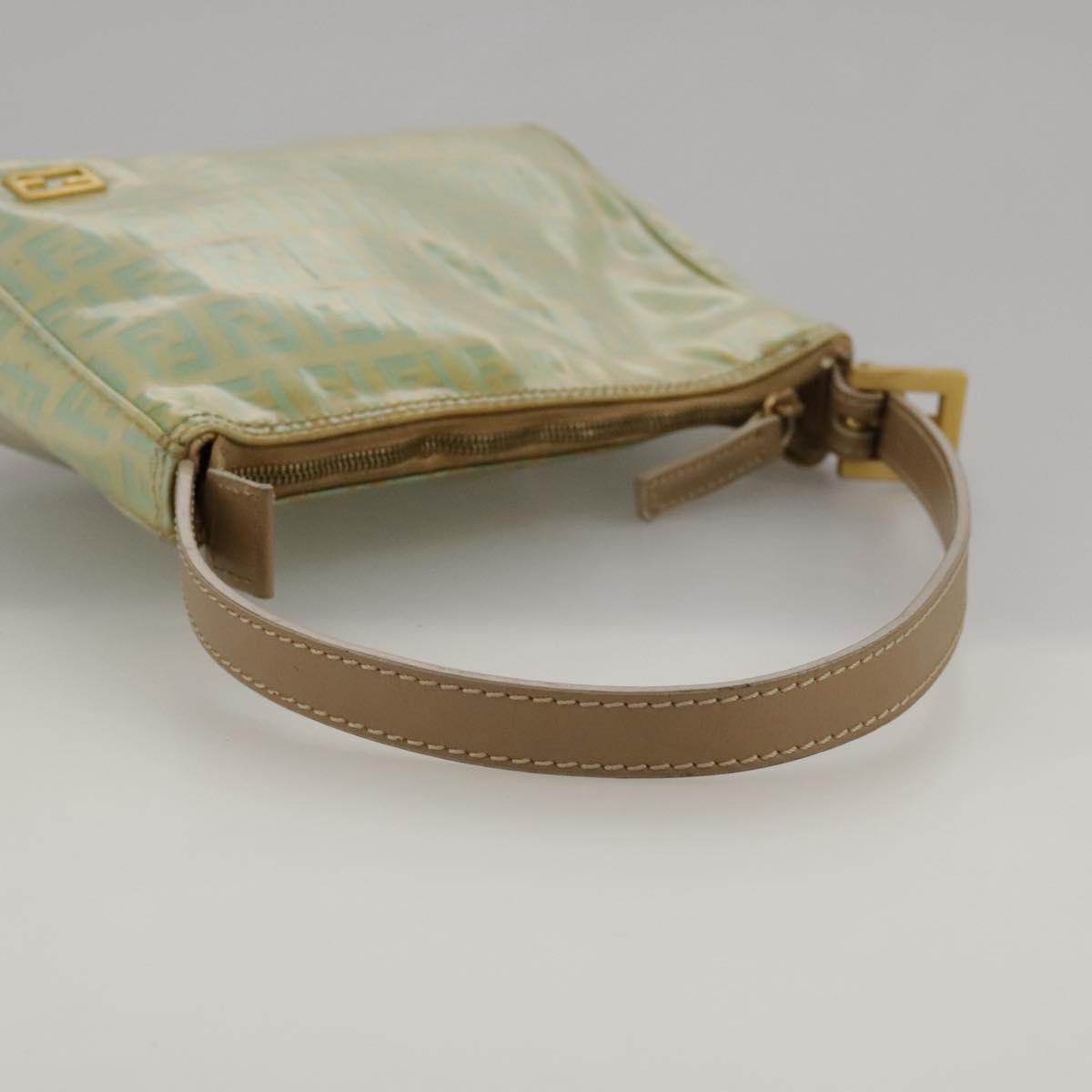 FENDI Zucchino Canvas Hand Bag Enamel Leather Blue Beige gold bs18730