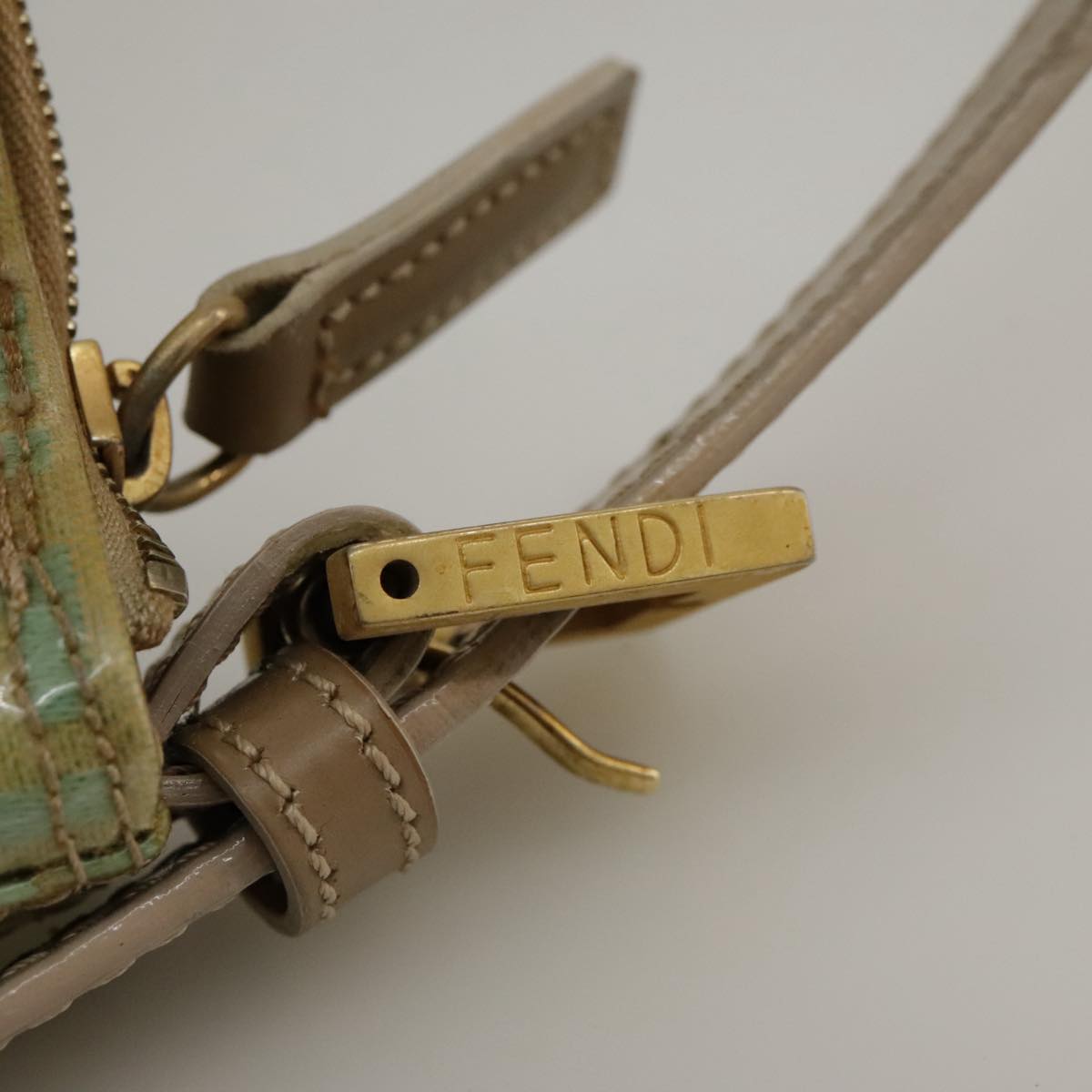 FENDI Zucchino Canvas Hand Bag Enamel Leather Blue Beige gold bs18730
