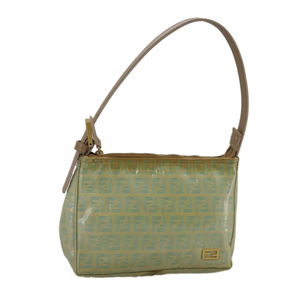 FENDI Zucchino Canvas Hand Bag Enamel Leather Blue Beige gold bs18730