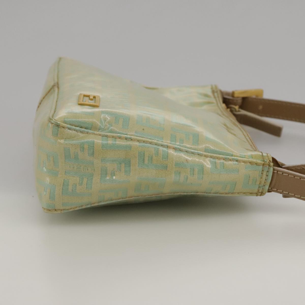 FENDI Zucchino Canvas Hand Bag Enamel Leather Blue Beige gold bs18730