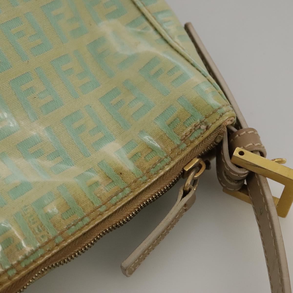 FENDI Zucchino Canvas Hand Bag Enamel Leather Blue Beige gold bs18730