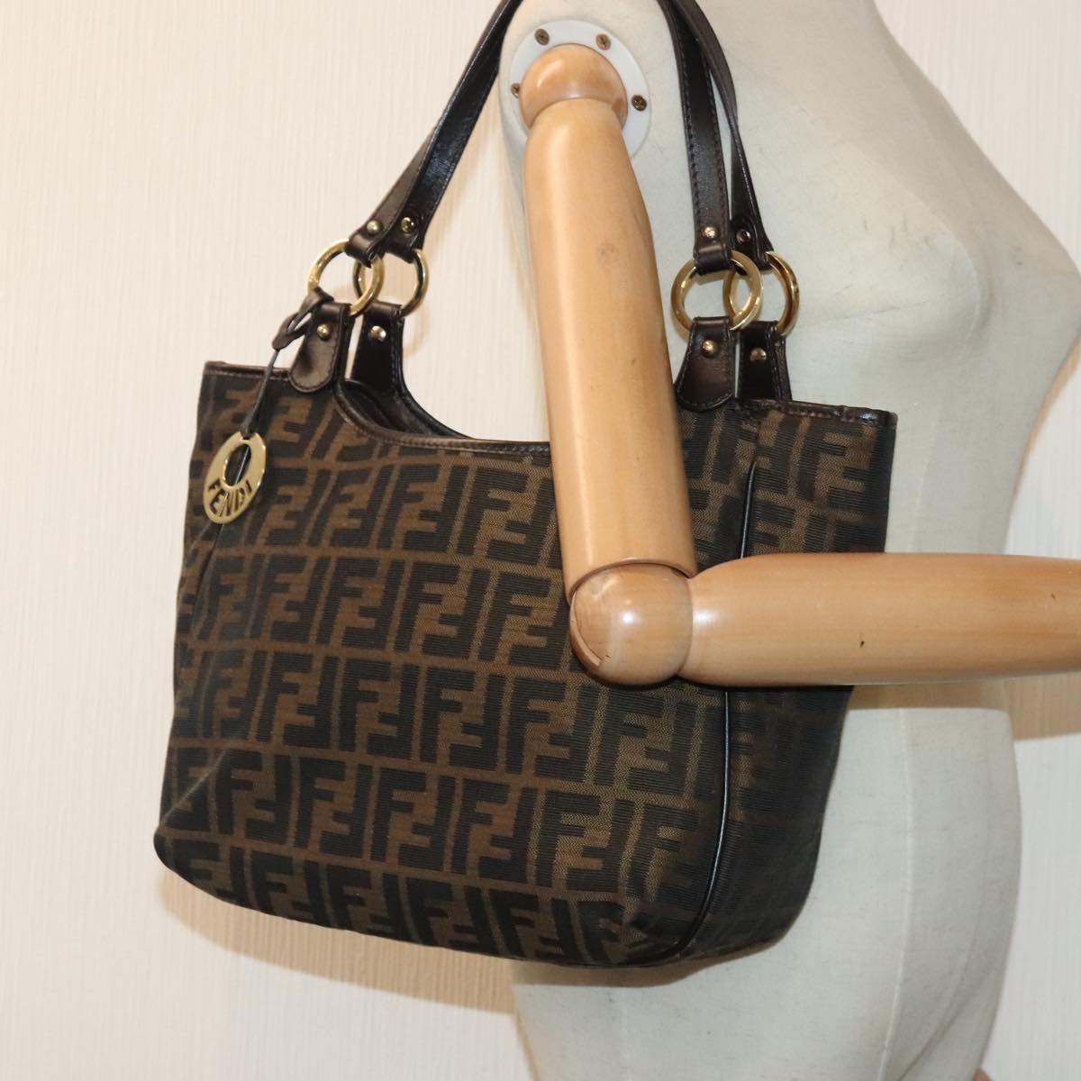 FENDI Zucca Canvas Tote Bag Brown Black gold bs18837