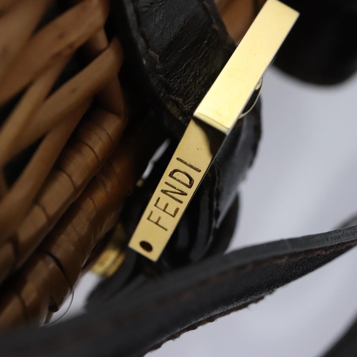 FENDI Hand Bag Wood Beige Gold bs18841
