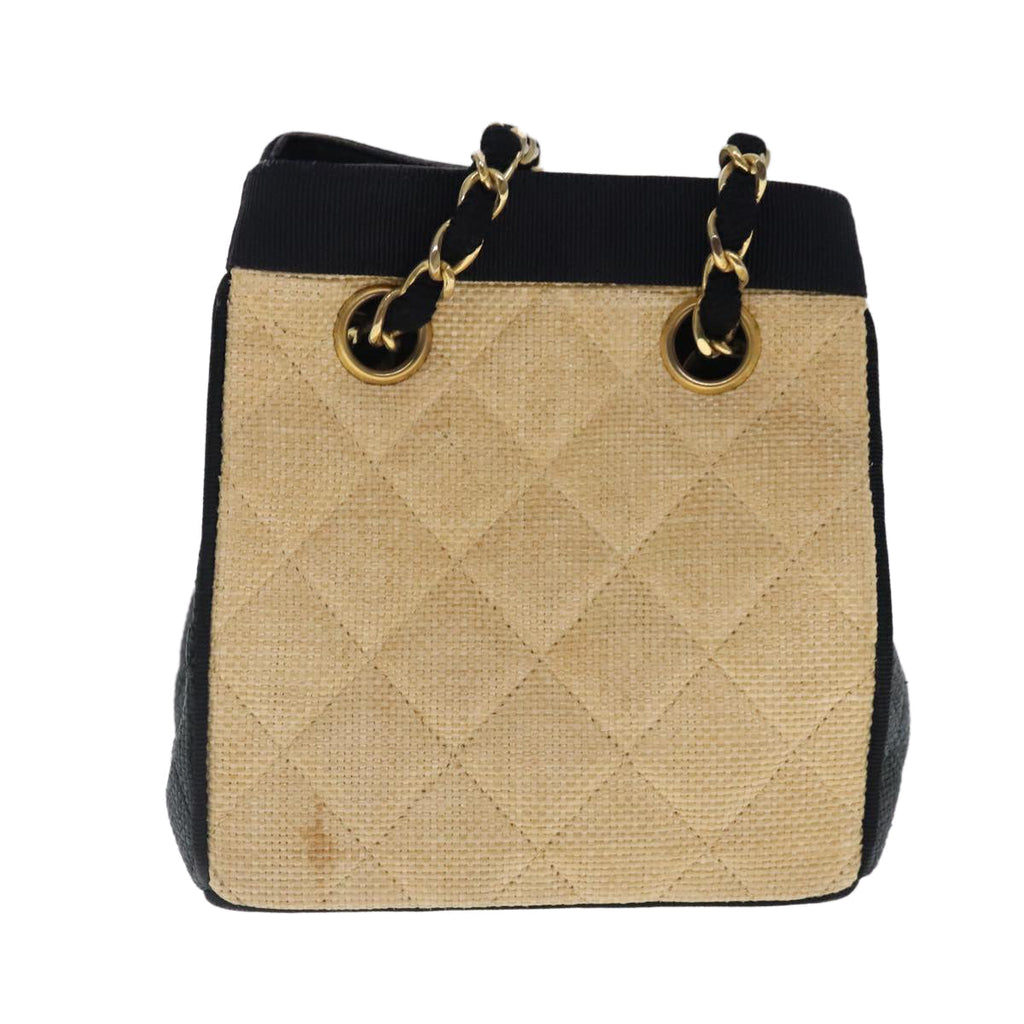 CHANEL Hand Bag straw Beige Black CC bs18882