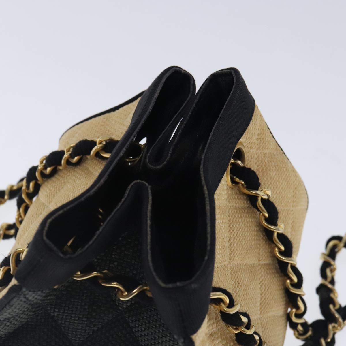 CHANEL Hand Bag straw Beige Black CC bs18882
