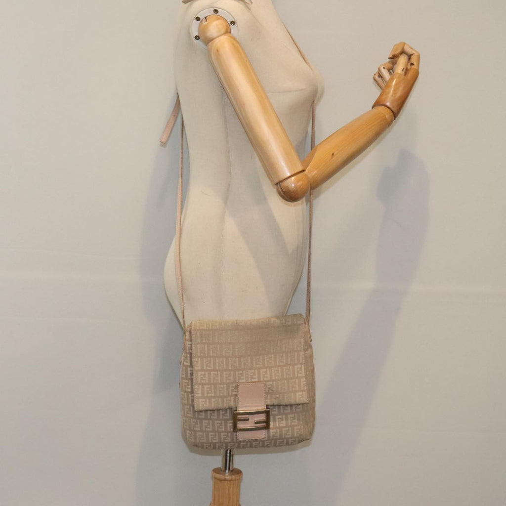 FENDI Zucchino Canvas Shoulder Bag Beige Gold bs18891
