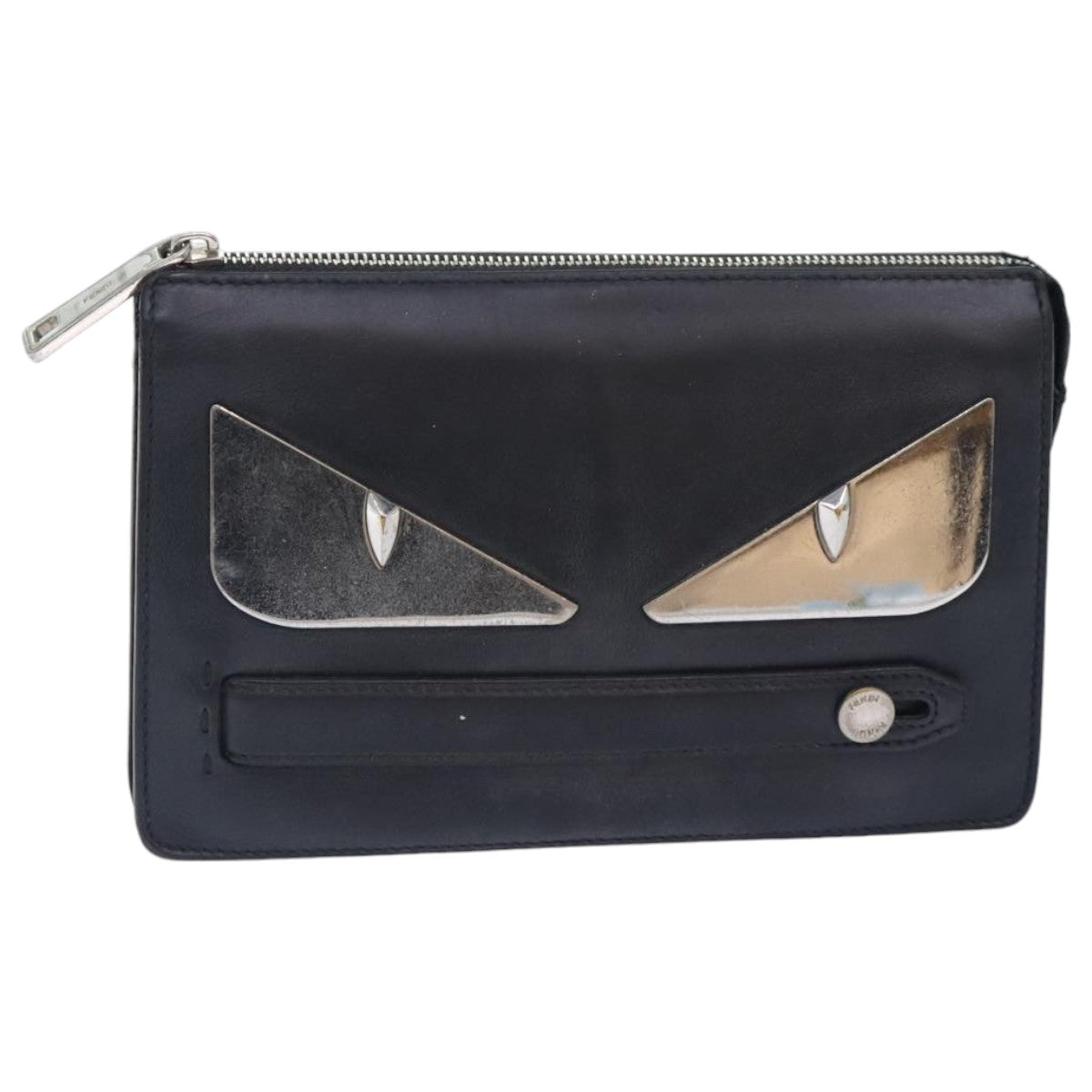 FENDI Clutch Bag Leather Black Silver bs18896