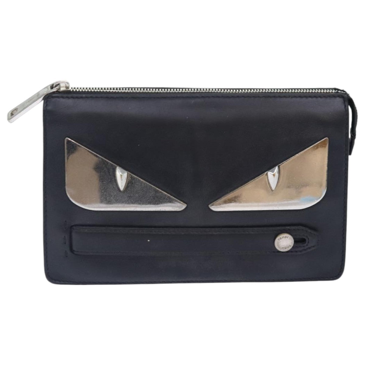 FENDI Clutch Bag Leather Black Silver bs18896