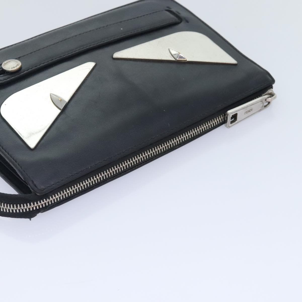 FENDI Clutch Bag Leather Black Silver bs18896