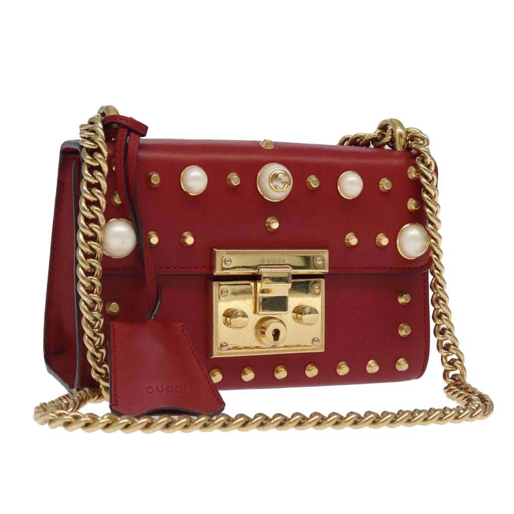 GUCCI Padlock Chain Shoulder Bag Leather Red Gold 432182 bs18902A