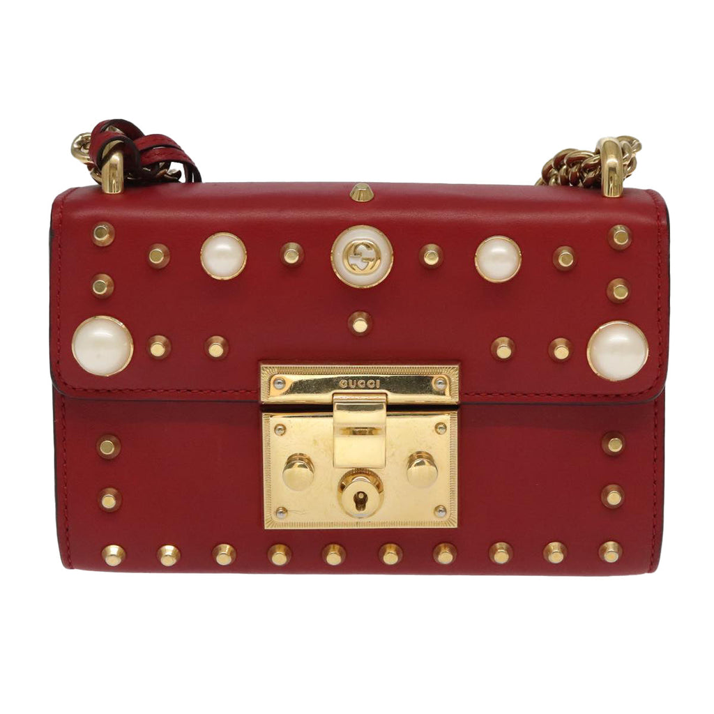 GUCCI Padlock Chain Shoulder Bag Leather Red Gold 432182 bs18902A