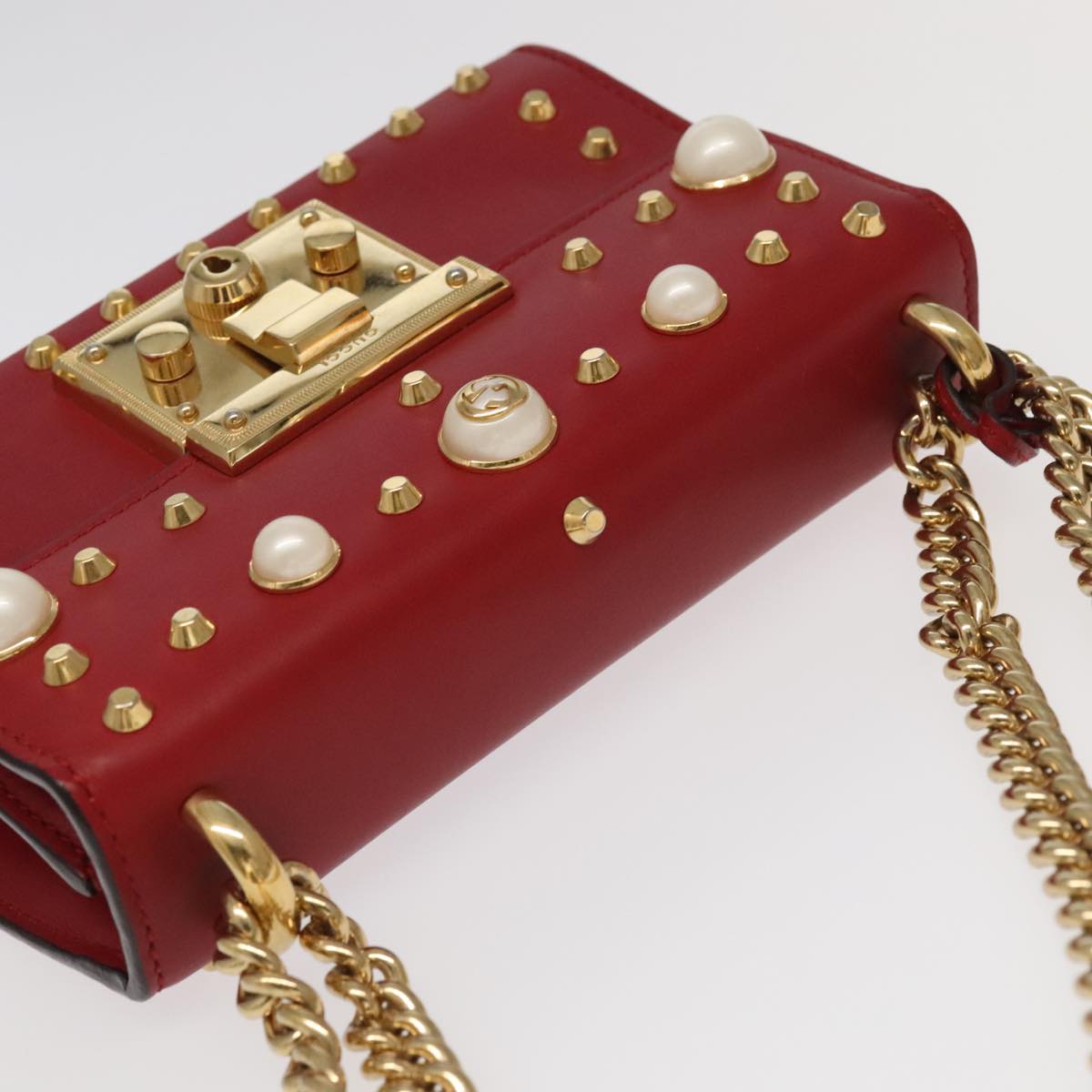 GUCCI Padlock Chain Shoulder Bag Leather Red Gold 432182 bs18902A