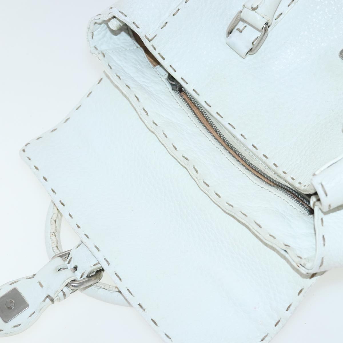 FENDI Celeria Hand Bag Leather White Silver bs19022