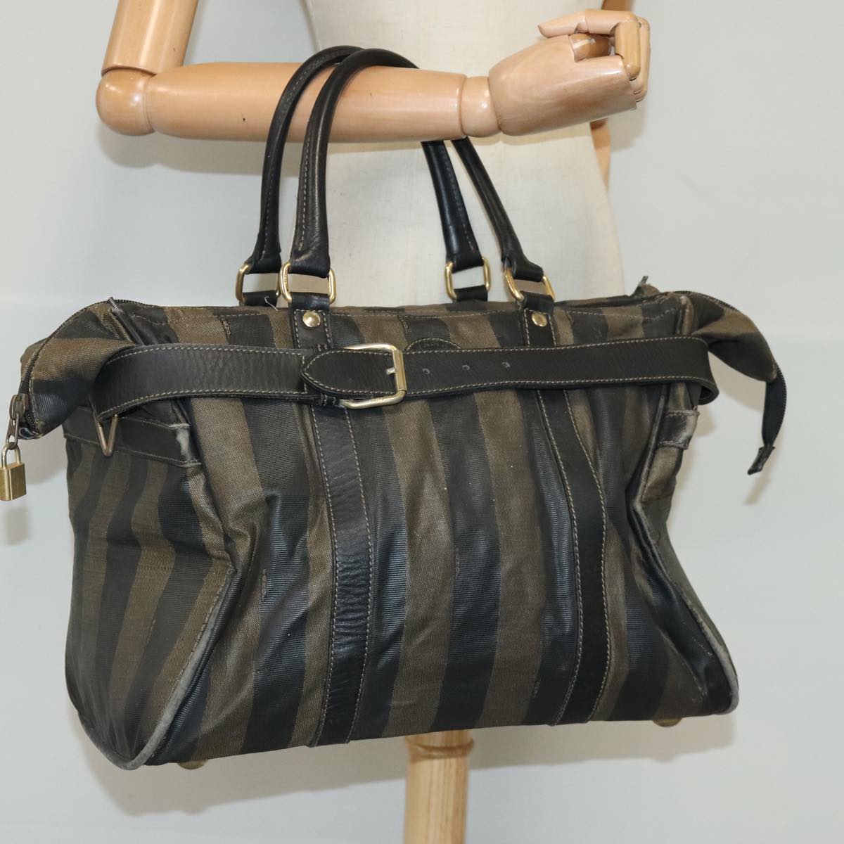 FENDI Pecan Canvas Boston Bag Brown Black gold bs19073