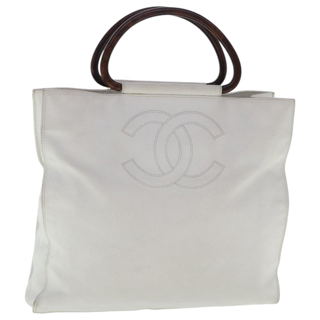 CHANEL Hand Bag Caviar Skin White Gold CC bs19209