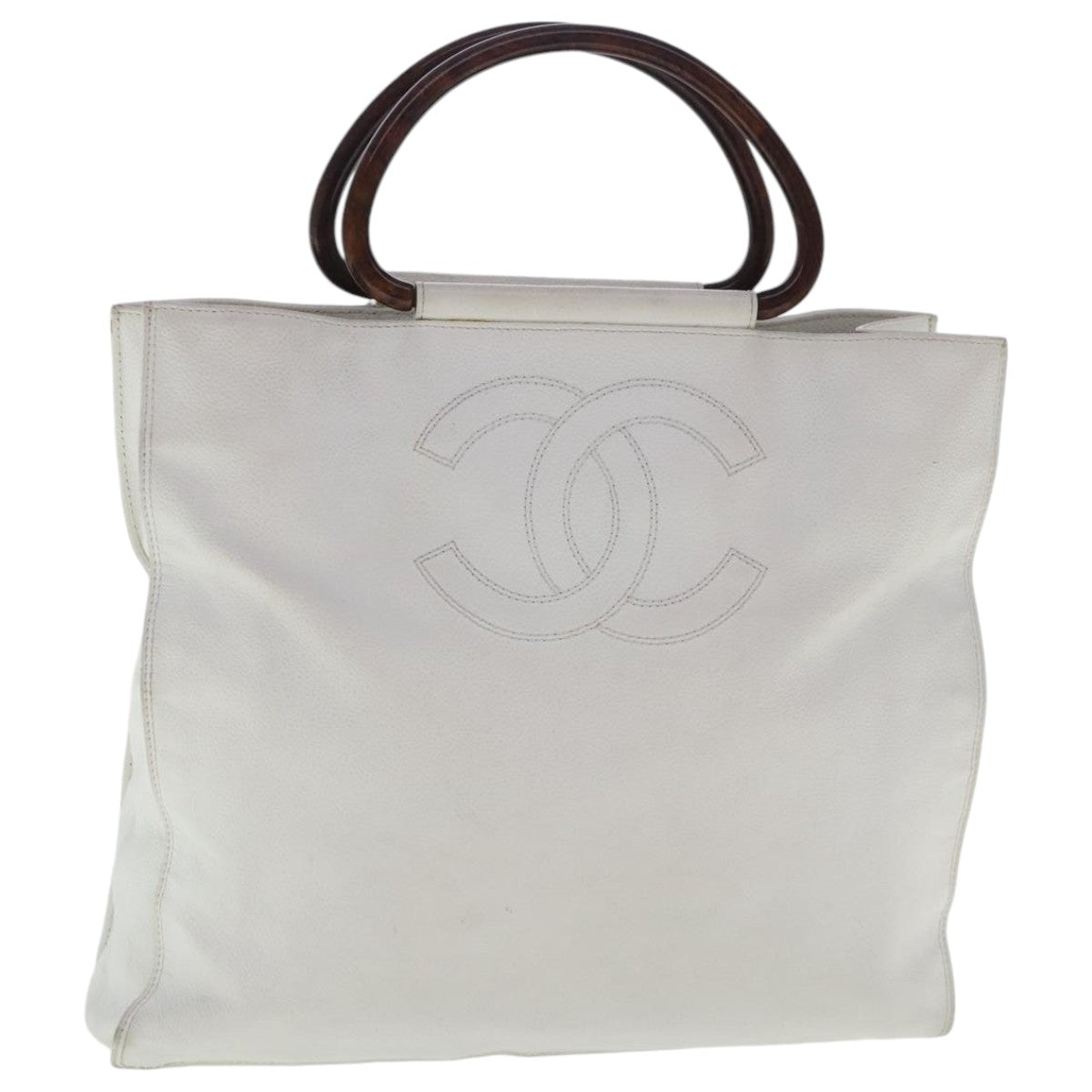 CHANEL Hand Bag Caviar Skin White Gold CC bs19209