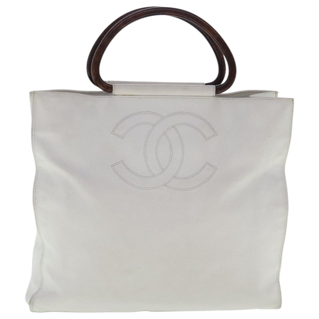 CHANEL Hand Bag Caviar Skin White Gold CC bs19209