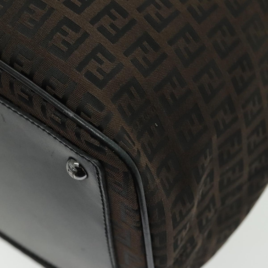 FENDI Zucchino Canvas Boston Bag Dark Brown Black Silver bs19297