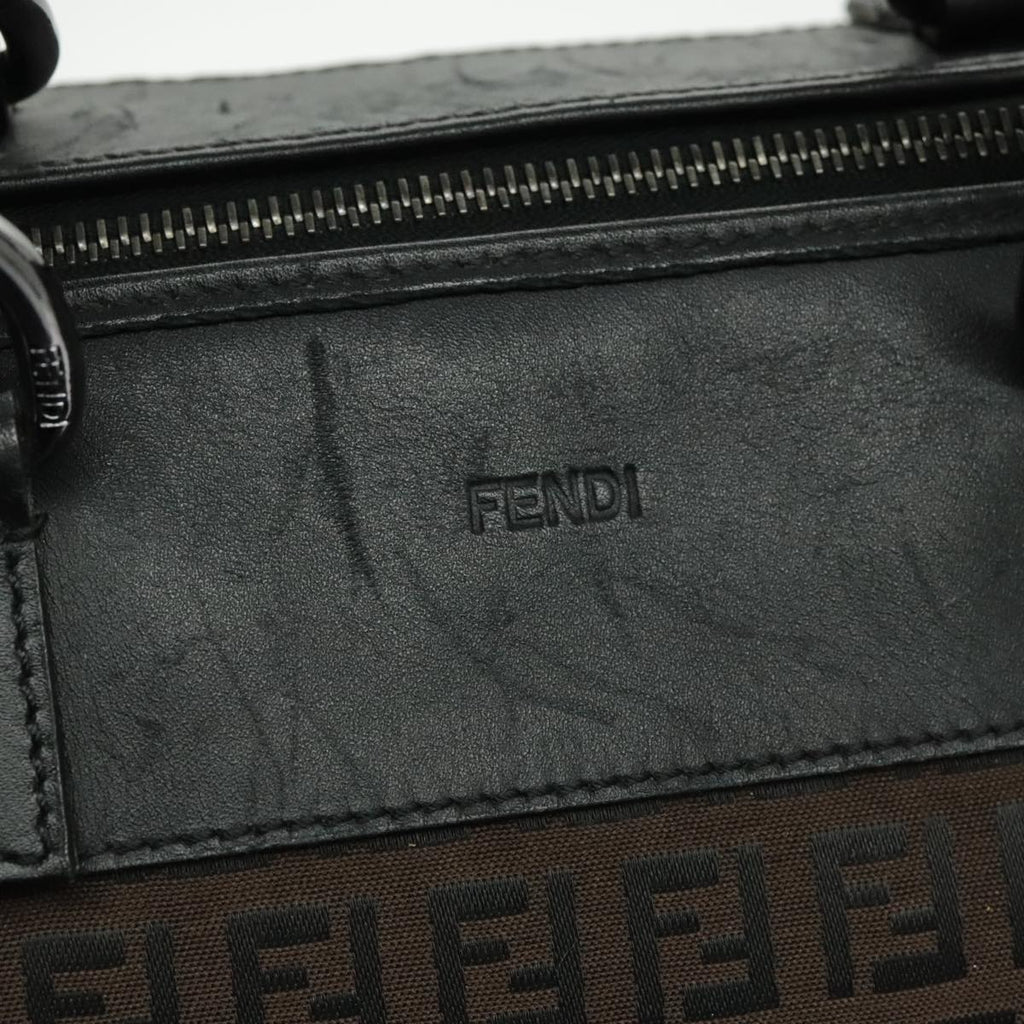 FENDI Zucchino Canvas Boston Bag Dark Brown Black Silver bs19297