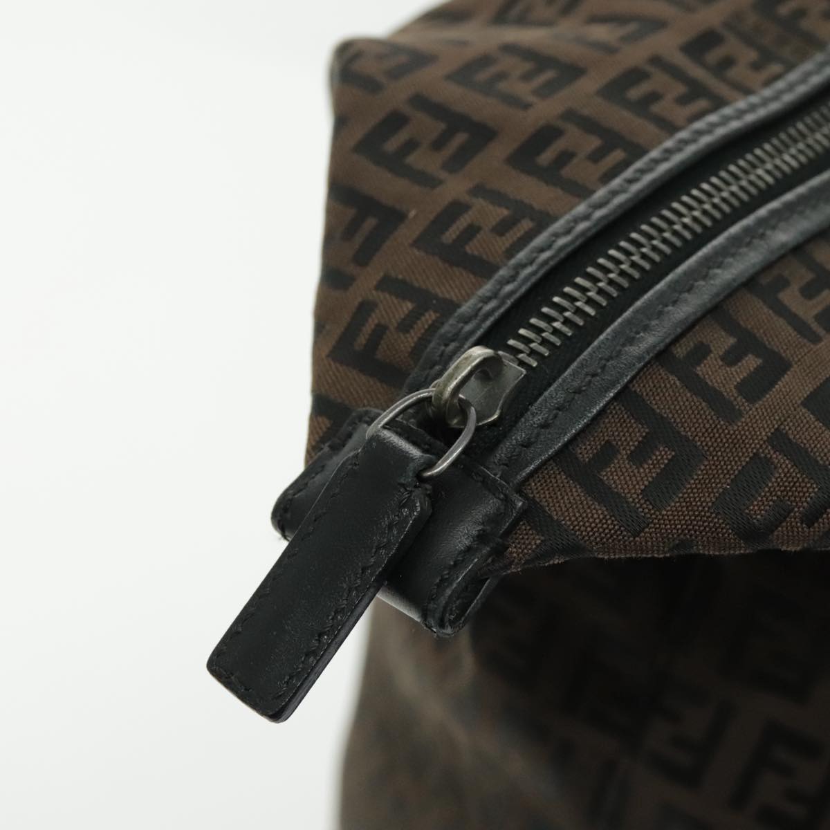 FENDI Zucchino Canvas Boston Bag Dark Brown Black Silver bs19297