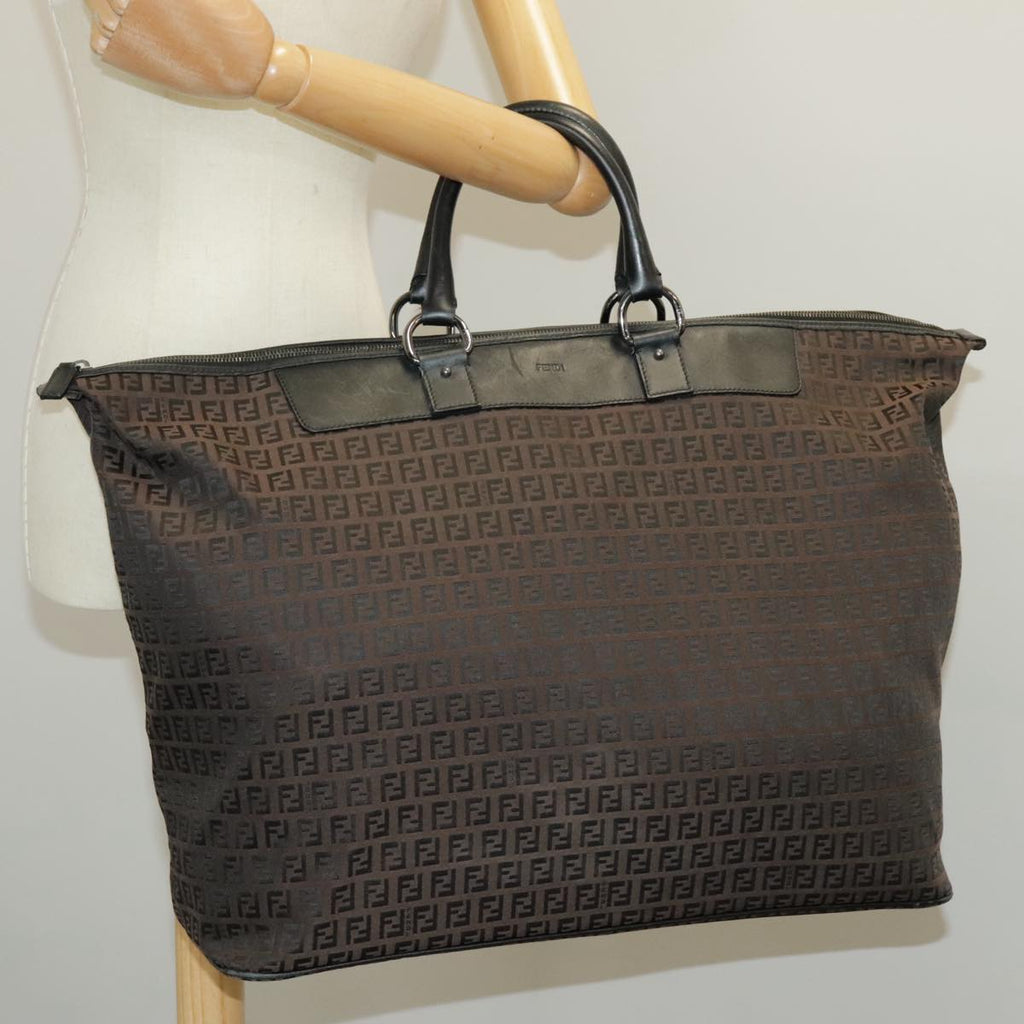 FENDI Zucchino Canvas Boston Bag Dark Brown Black Silver bs19297