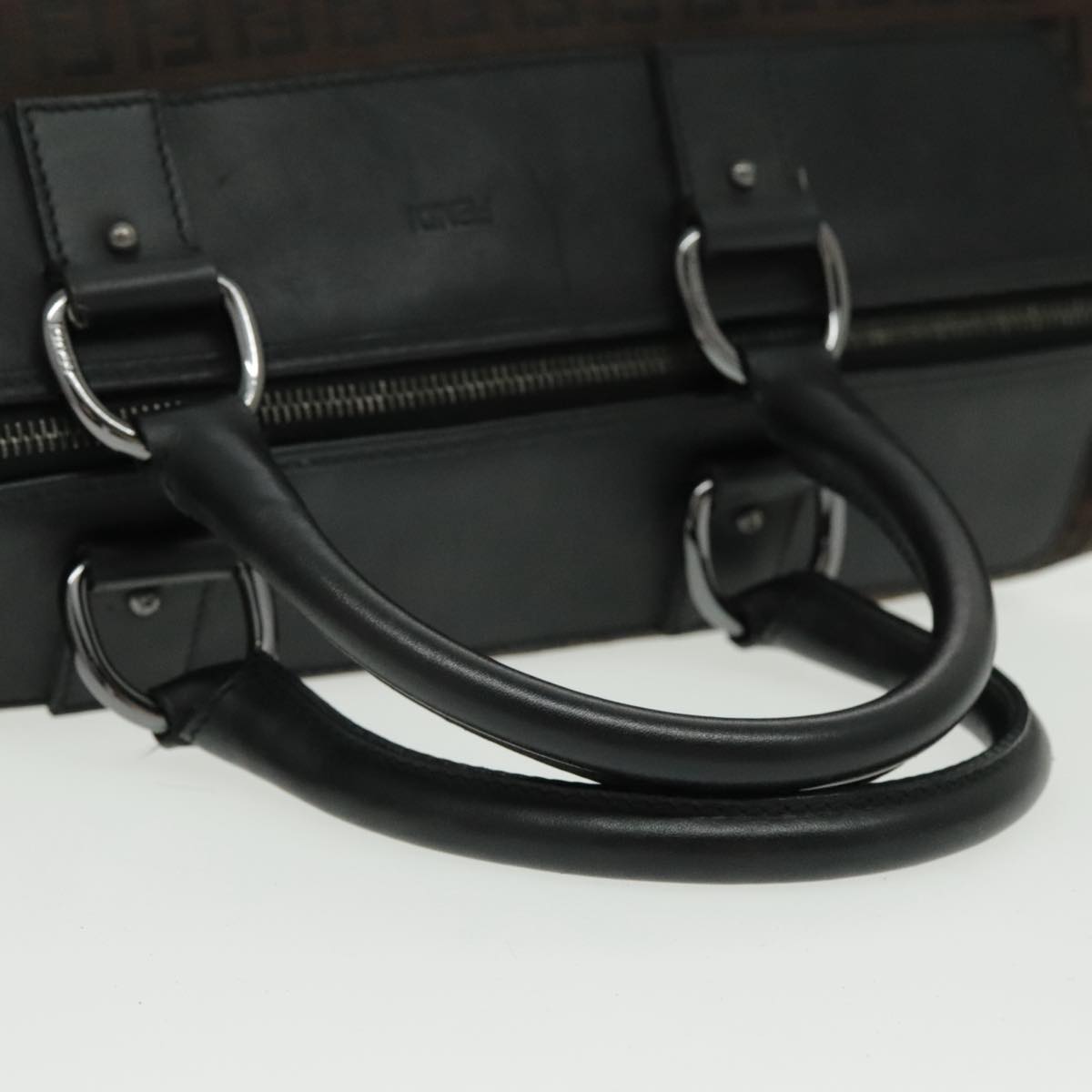 FENDI Zucchino Canvas Boston Bag Dark Brown Black Silver bs19297