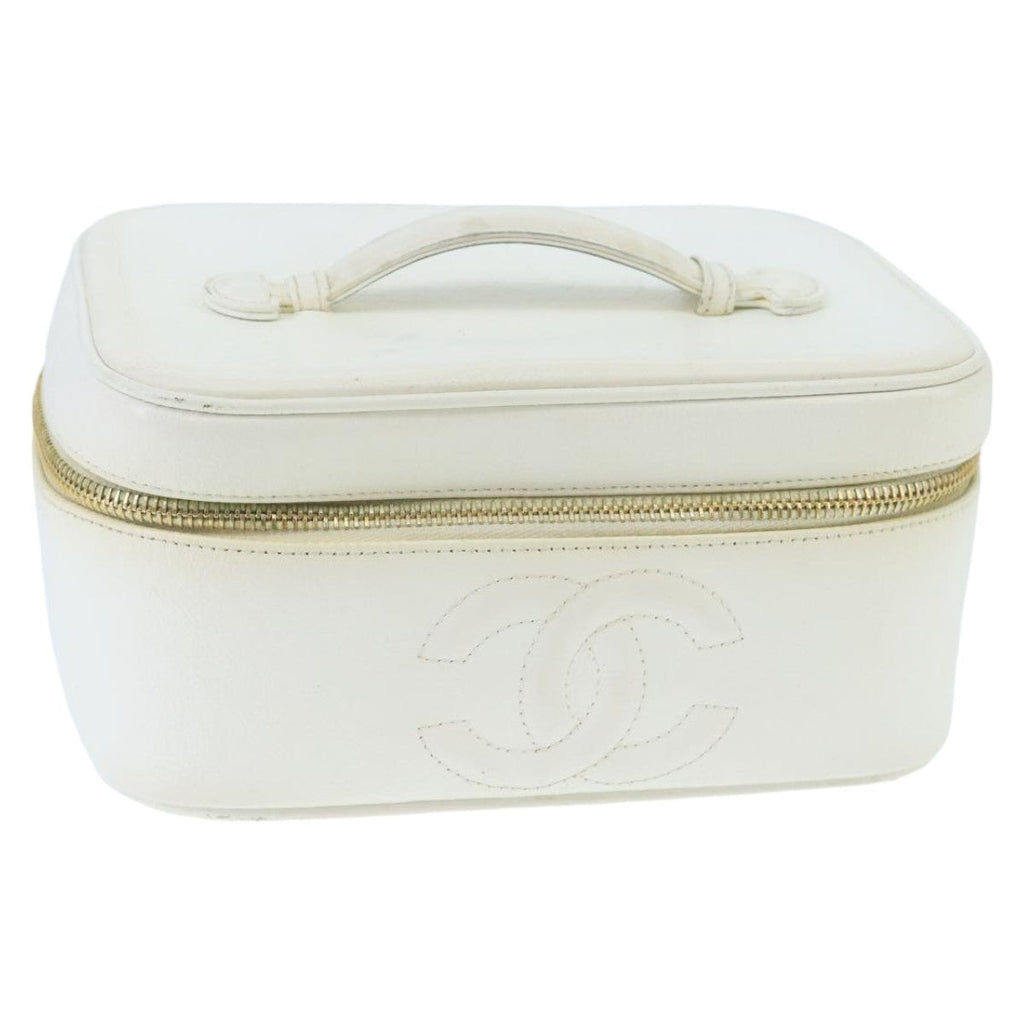 CHANEL COCO Mark Vanity Pouch Caviar Skin White Gold CC bs19425