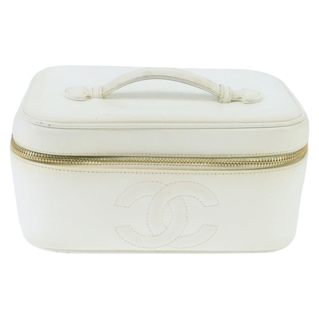 CHANEL COCO Mark Vanity Pouch Caviar Skin White Gold CC bs19425