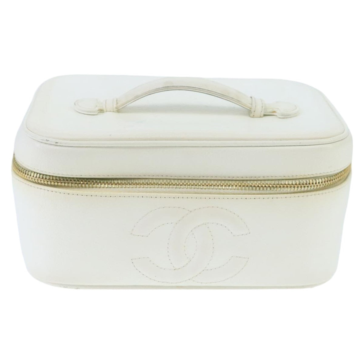 CHANEL COCO Mark Vanity Pouch Caviar Skin White Gold CC bs19425