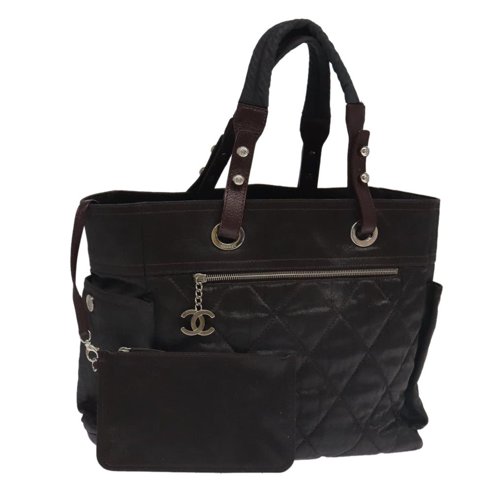 CHANEL Paris Biarritz Tote Bag Coated Canvas Brown Silver CC bs19435