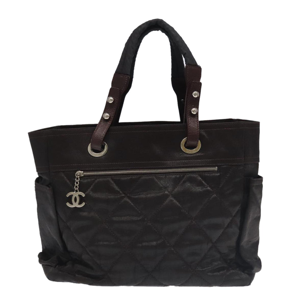 CHANEL Paris Biarritz Tote Bag Coated Canvas Brown Silver CC bs19435