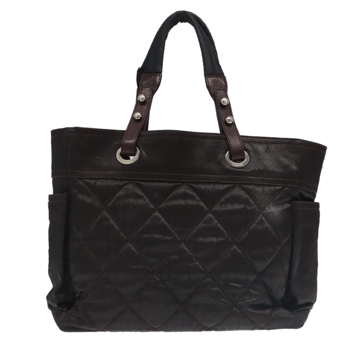CHANEL Paris Biarritz Tote Bag Coated Canvas Brown Silver CC bs19435