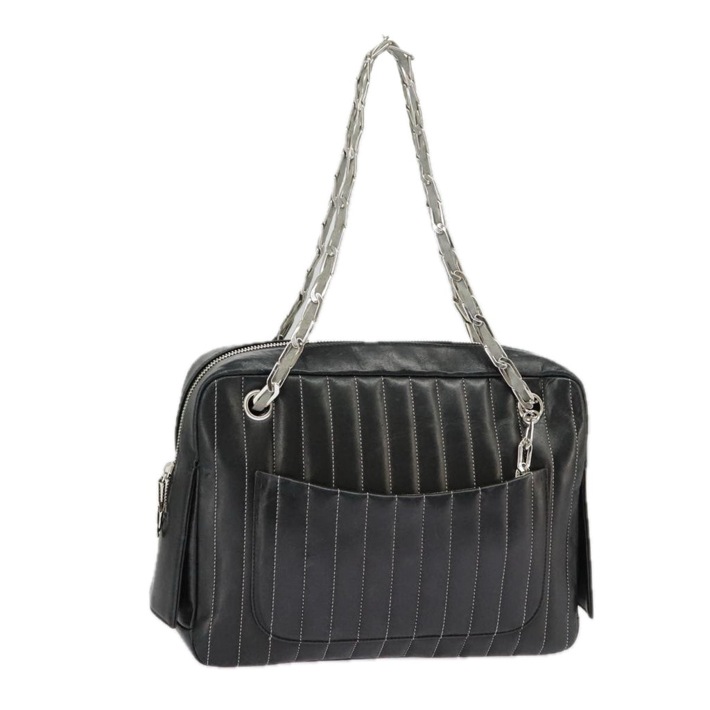 CHANEL Mademoiselle Chain Hand Bag Lamb Skin Silver Black CC bs19458