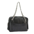 CHANEL Mademoiselle Chain Hand Bag Lamb Skin Silver Black CC bs19458