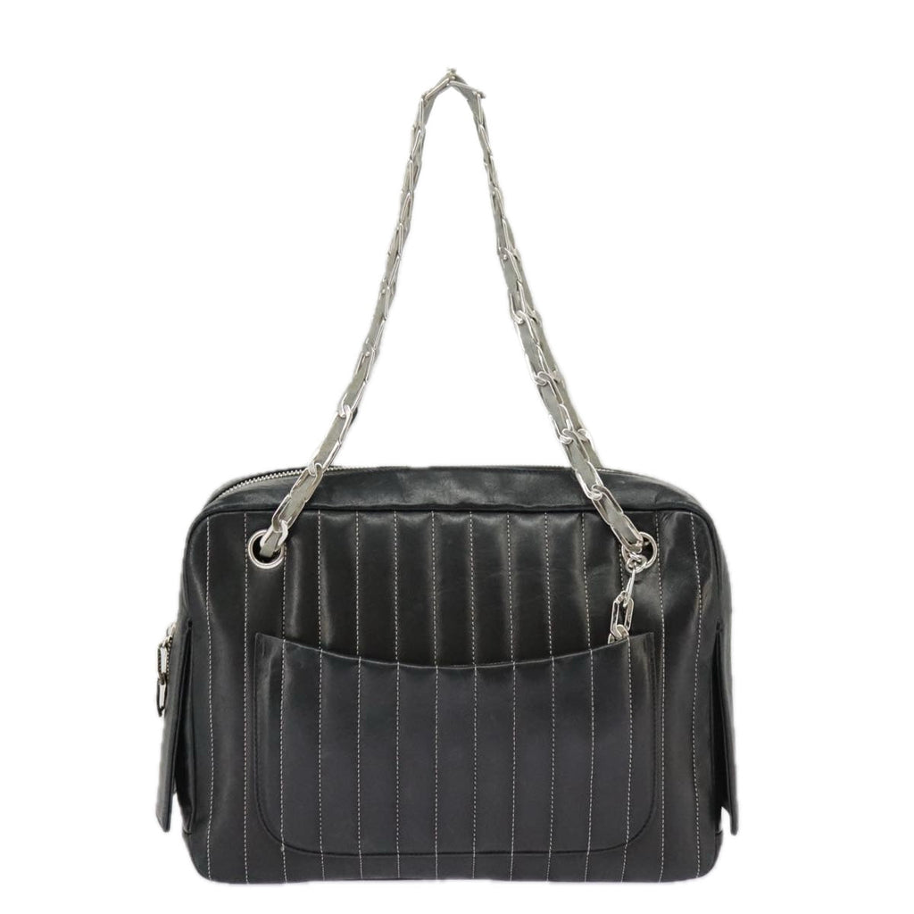 CHANEL Mademoiselle Chain Hand Bag Lamb Skin Silver Black CC bs19458